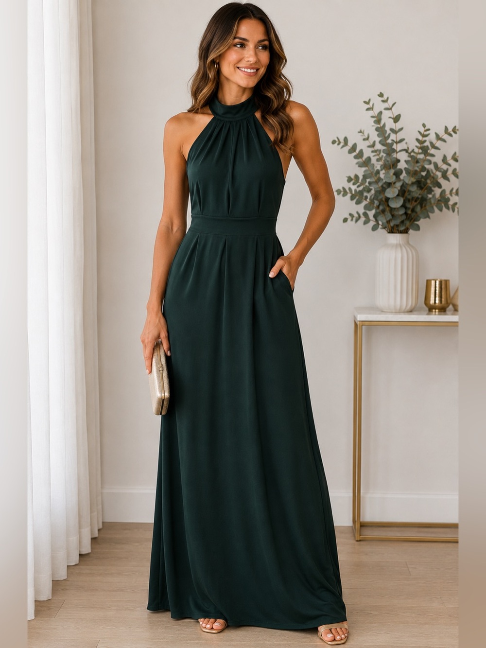 Berydress Dark Emerald Green Halter Neck Maxi Dress Size Small